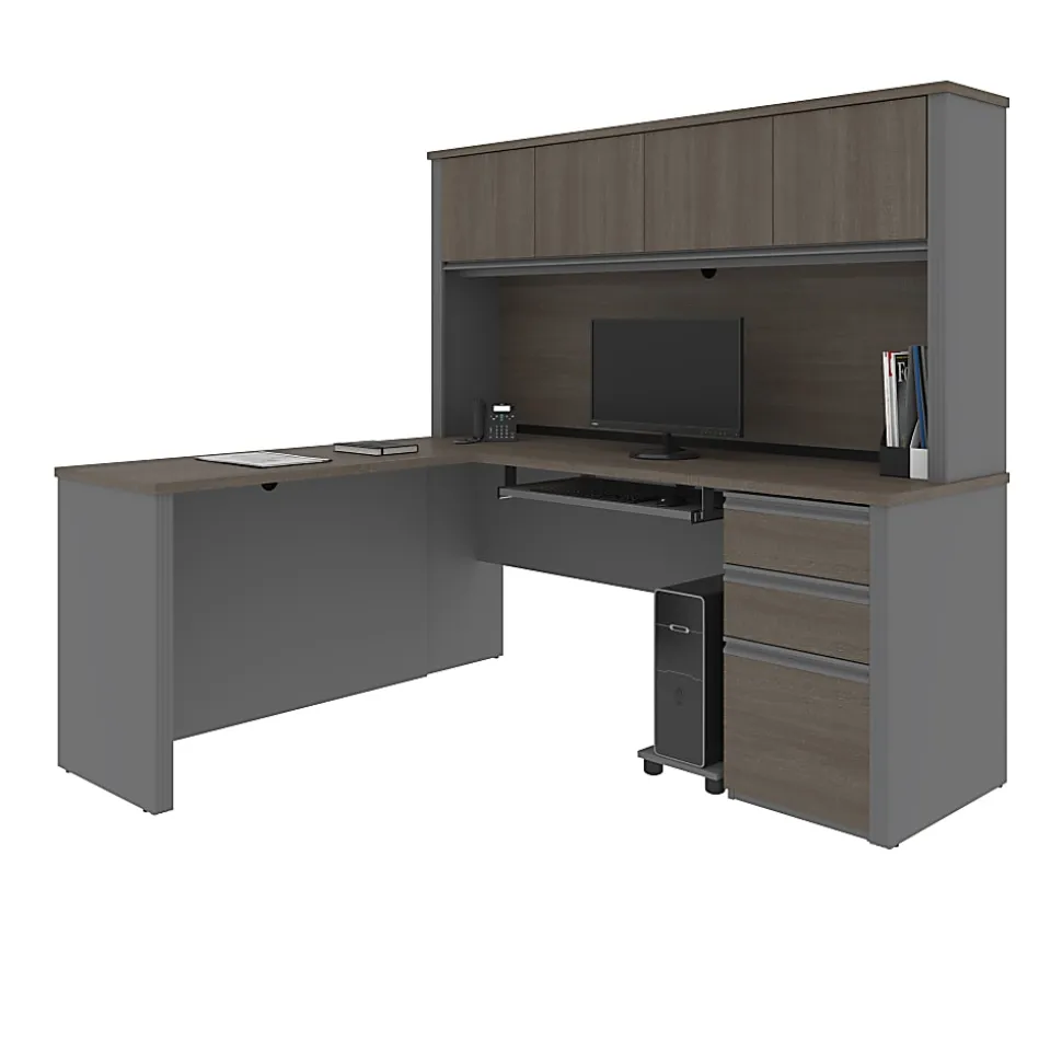 Bestar Prestige + 72”W L-Shaped Corner Desk With Pedestal And Hutch, Bark Gray/Slate