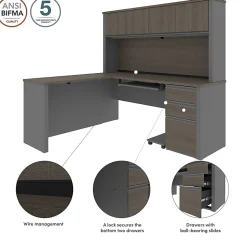 Bestar Prestige + 72”W L-Shaped Corner Desk With Pedestal And Hutch, Bark Gray/Slate
