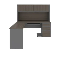 Bestar Prestige + 72”W L-Shaped Corner Desk With Pedestal And Hutch, Bark Gray/Slate