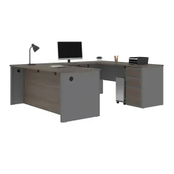 Bestar Prestige + 72”W U-Shaped Executive Computer Desk With Pedestal, Bark Gray/Slate