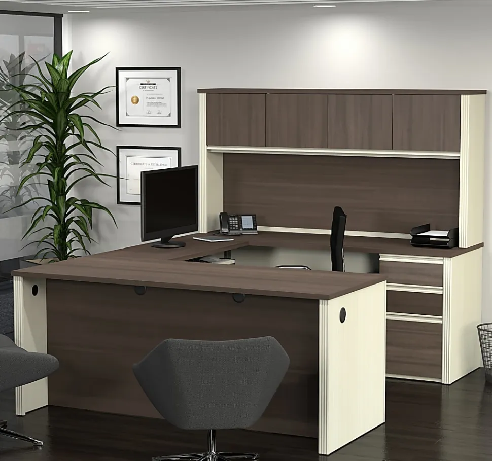 Bestar Prestige + 72”W U-Shaped Executive Computer Desk With 2 Pedestals And Hutch, White Chocolate/ Antigua