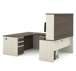 Bestar Prestige + 72”W U-Shaped Executive Computer Desk With 2 Pedestals And Hutch, White Chocolate/ Antigua
