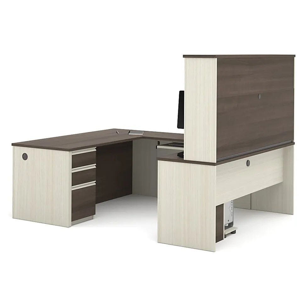 Bestar Prestige + 72”W U-Shaped Executive Computer Desk With 2 Pedestals And Hutch, White Chocolate/ Antigua