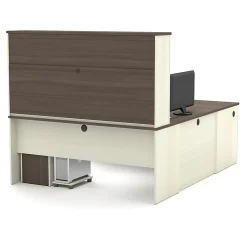 Bestar Prestige + 72”W U-Shaped Executive Computer Desk With 2 Pedestals And Hutch, White Chocolate/ Antigua