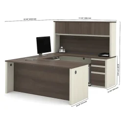 Bestar Prestige + 72”W U-Shaped Executive Computer Desk With 2 Pedestals And Hutch, White Chocolate/ Antigua