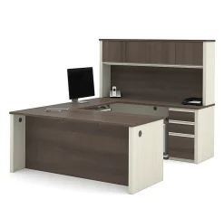 Bestar Prestige + 72”W U-Shaped Executive Computer Desk With 2 Pedestals And Hutch, White Chocolate/ Antigua