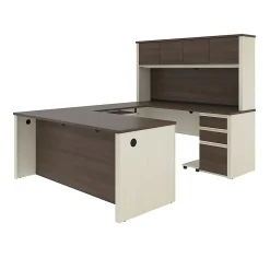 Bestar Prestige + 72”W U-Shaped Executive Computer Desk With 2 Pedestals And Hutch, White Chocolate/ Antigua
