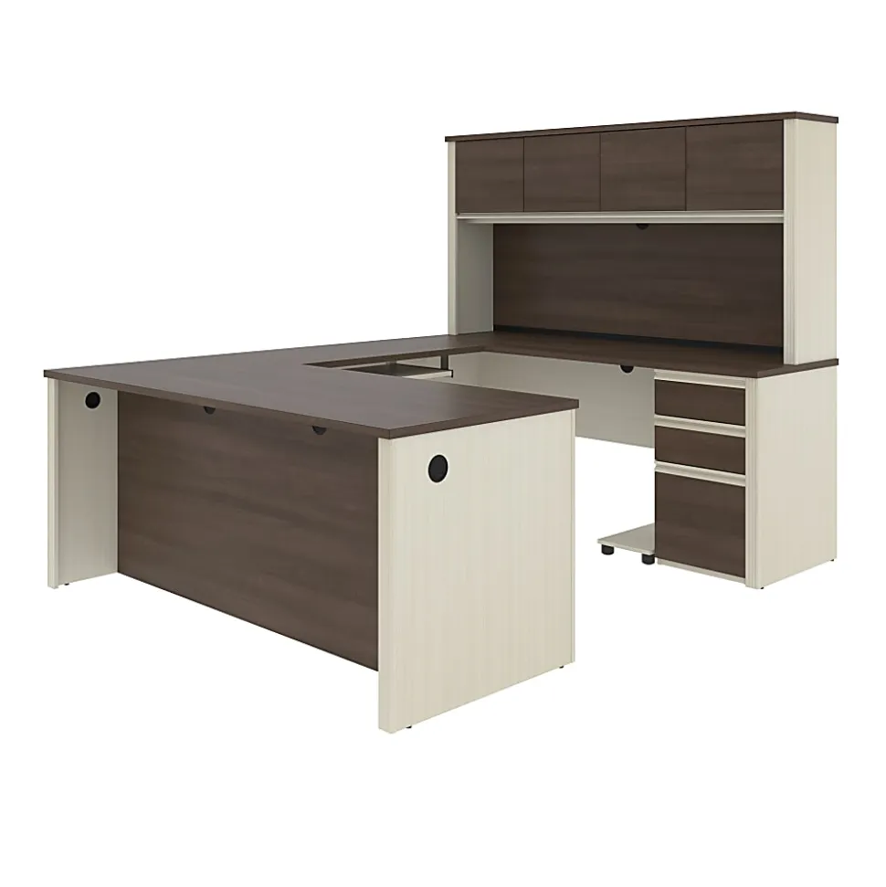 Bestar Prestige + 72”W U-Shaped Executive Computer Desk With 2 Pedestals And Hutch, White Chocolate/ Antigua