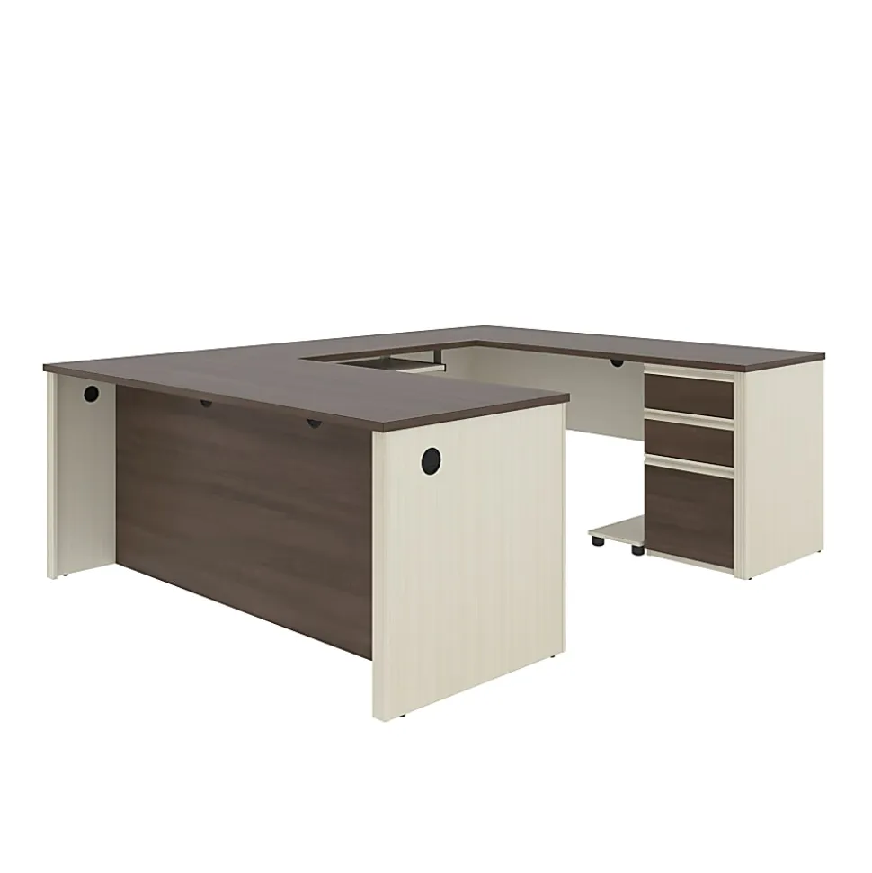 Bestar Prestige + 72”W U-Shaped Executive Computer Desk With Pedestal, White Chocolate/Antigua