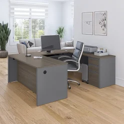 Bestar Prestige + 72”W U-Shaped Executive Computer Desk With Pedestal, White Chocolate/Antigua