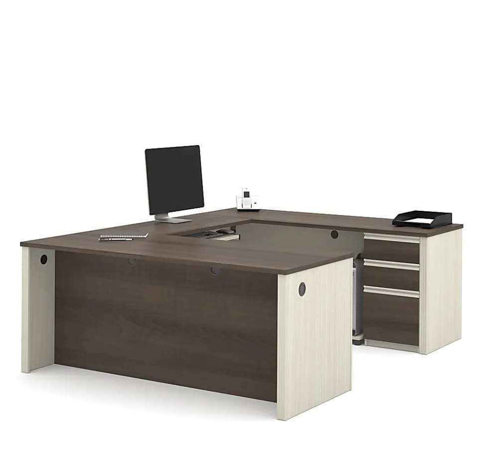 Bestar Prestige + 72”W U-Shaped Executive Computer Desk With Pedestal, White Chocolate/Antigua
