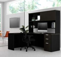 Bestar Pro-Concept Plus 72"W L-Shaped Corner Desk With Pedestal And Hutch, Deep Gray/Black