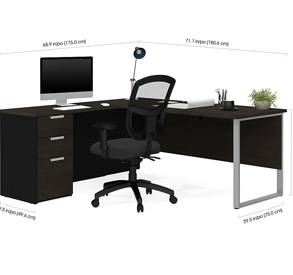 Bestar Pro-Concept Plus 72"W L-Shaped Corner Desk With Drawers, Deep Gray/Black