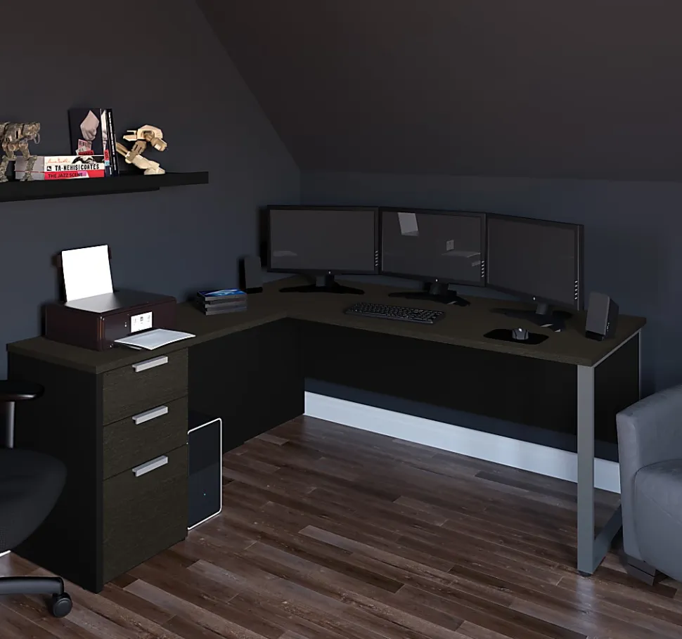 Bestar Pro-Concept Plus 72"W L-Shaped Corner Desk With Drawers, Deep Gray/Black