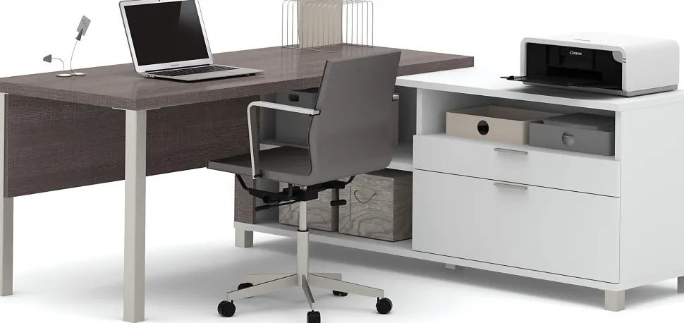 Bestar Pro-Linea 72"W L-Shaped Corner Desk With Metal Legs, Bark Gray