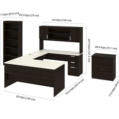Bestar Ridgeley U-Shaped Desk With Hutch, Lateral File Cabinet And Bookcase, White Chocolate