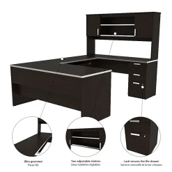 Bestar Ridgeley 65"W U-Shaped Desk With Hutch, Lateral File Cabinet And Bookcase, Dark Chocolate