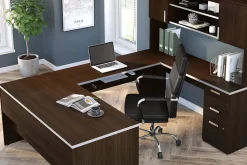 Bestar Ridgeley 65”W U-Shaped Executive Computer Desk With Pedestal And Hutch, Dark Chocolate
