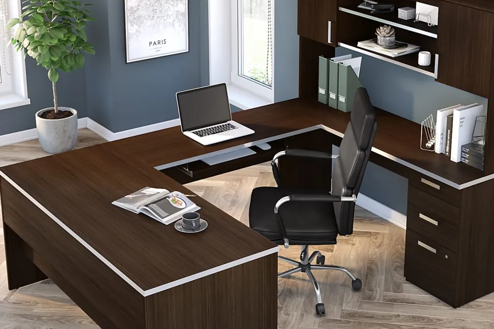 Bestar Ridgeley 65”W U-Shaped Executive Computer Desk With Pedestal And Hutch, Dark Chocolate