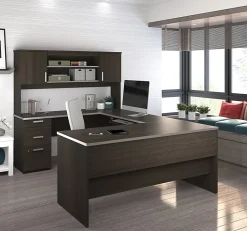 Bestar Ridgeley 65”W U-Shaped Executive Computer Desk With Pedestal And Hutch, Dark Chocolate