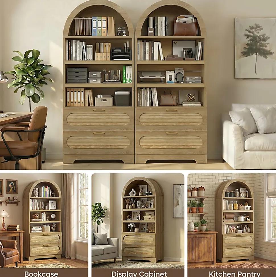 Bestier 71" Arched Wood Bookcase with 2 Storage Drawers and 3 Adjustable Shelves, Natural Oak