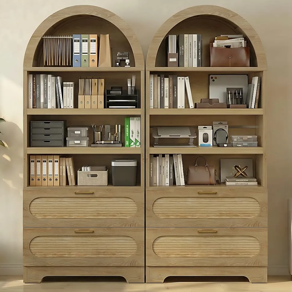 Bestier 71" Arched Wood Bookcase with 2 Storage Drawers and 3 Adjustable Shelves, Natural Oak