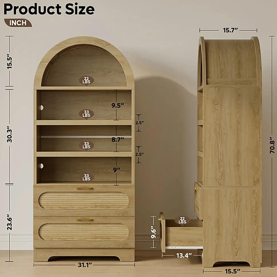 Bestier 71" Arched Wood Bookcase with 2 Storage Drawers and 3 Adjustable Shelves, Natural Oak
