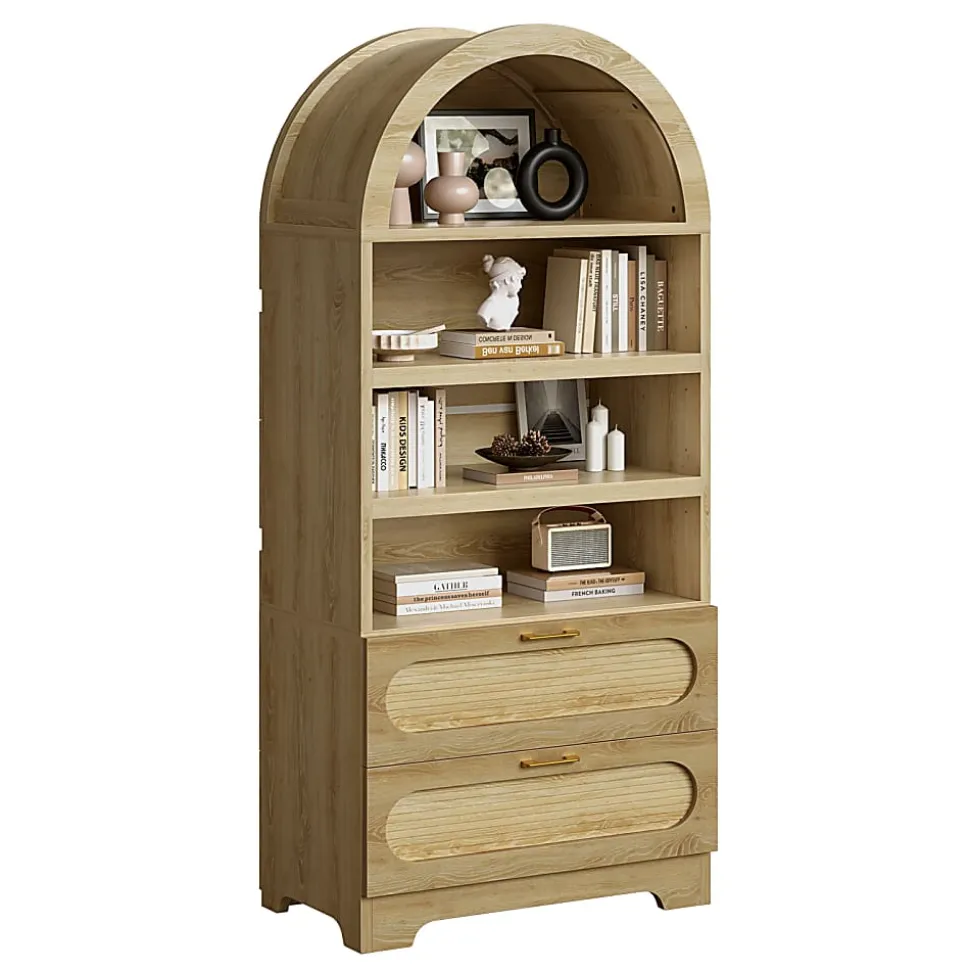 Bestier 71" Arched Wood Bookcase with 2 Storage Drawers and 3 Adjustable Shelves, Natural Oak
