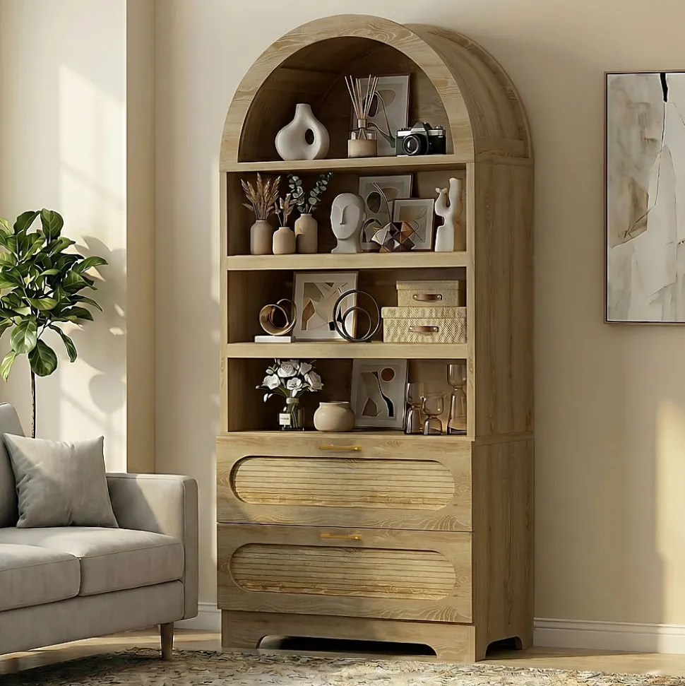 Bestier 71" Arched Wood Bookcase with 2 Storage Drawers and 3 Adjustable Shelves, Natural Oak