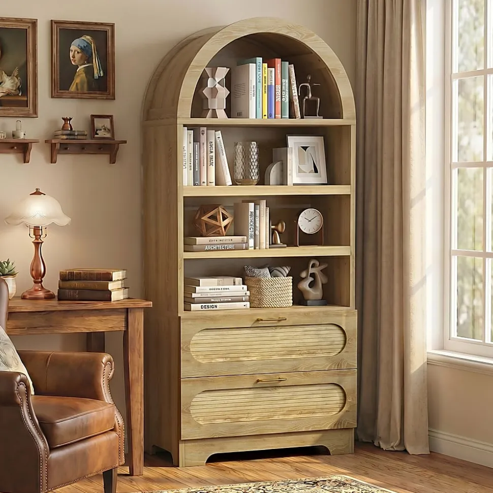 Bestier 71" Arched Wood Bookcase with 2 Storage Drawers and 3 Adjustable Shelves, Natural Oak