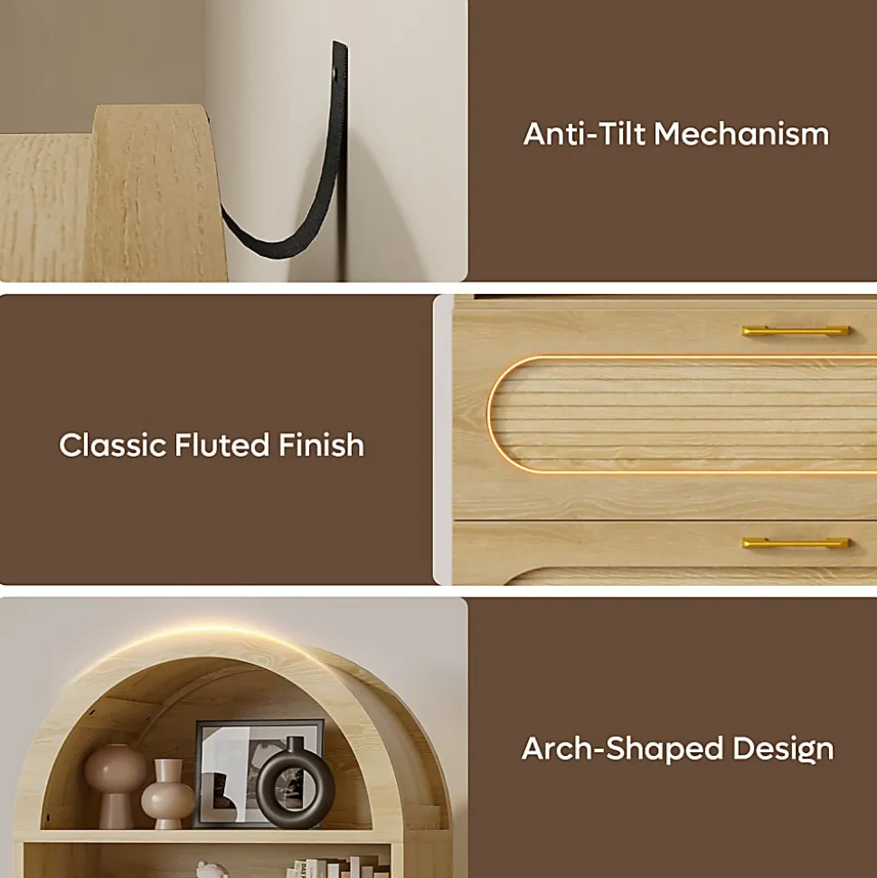 Bestier 71" Arched Wood Bookcase with 2 Storage Drawers and 3 Adjustable Shelves, Natural Oak