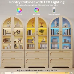 Bestier Arched Wood & Glass Storage Cabinet, LED Lighted Tall Bookshelf with 2 Drawers, Natural Oak