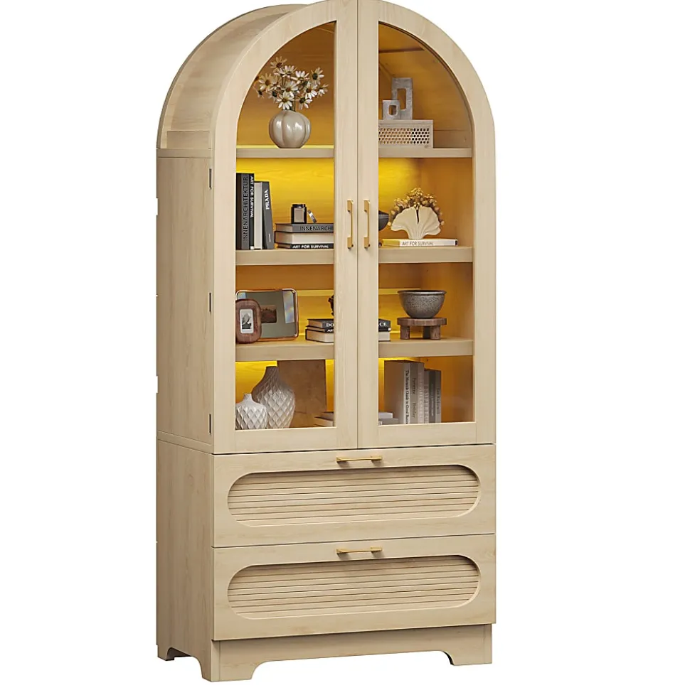 Bestier Arched Wood & Glass Storage Cabinet, LED Lighted Tall Bookshelf with 2 Drawers, Natural Oak