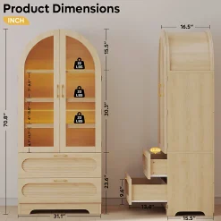 Bestier Arched Wood & Glass Storage Cabinet, LED Lighted Tall Bookshelf with 2 Drawers, Natural Oak