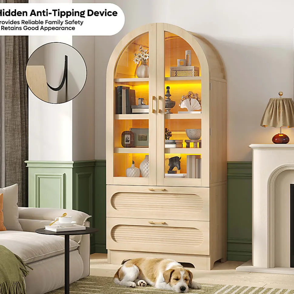 Bestier Arched Wood & Glass Storage Cabinet, LED Lighted Tall Bookshelf with 2 Drawers, Natural Oak