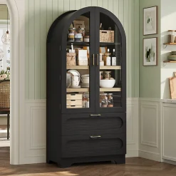 Bestier Arched Wood & Glass Storage Cabinet, LED Lighted Tall Bookshelf with 2 Drawers,Black