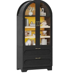 Bestier Arched Wood & Glass Storage Cabinet, LED Lighted Tall Bookshelf with 2 Drawers,Black