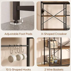 Bestier Bakers Rack With Power Outlets And Storage Shelf, 5-Tier, 65”H x 33”W x 16”D, Rustic Brown