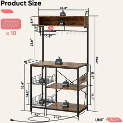 Bestier Bakers Rack With Power Outlets And Storage Shelf, 5-Tier, 65”H x 33”W x 16”D, Rustic Brown