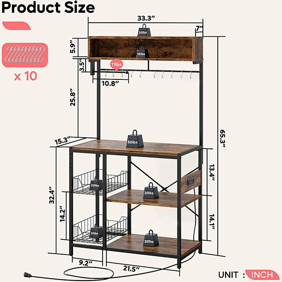Bestier Bakers Rack With Power Outlets And Storage Shelf, 5-Tier, 65”H x 33”W x 16”D, Rustic Brown