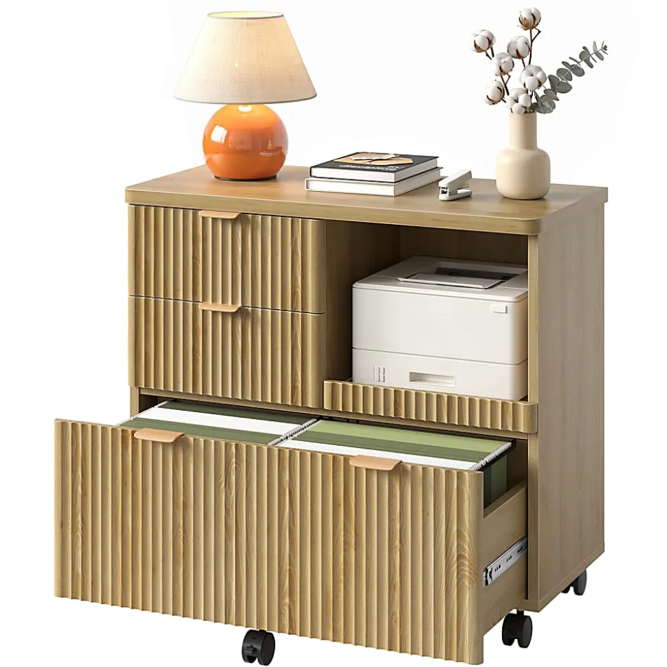 Bestier 32" 3-Drawers Fluted Wood Mobile Lateral File Cabinet with Printer Tray, Natural Oak