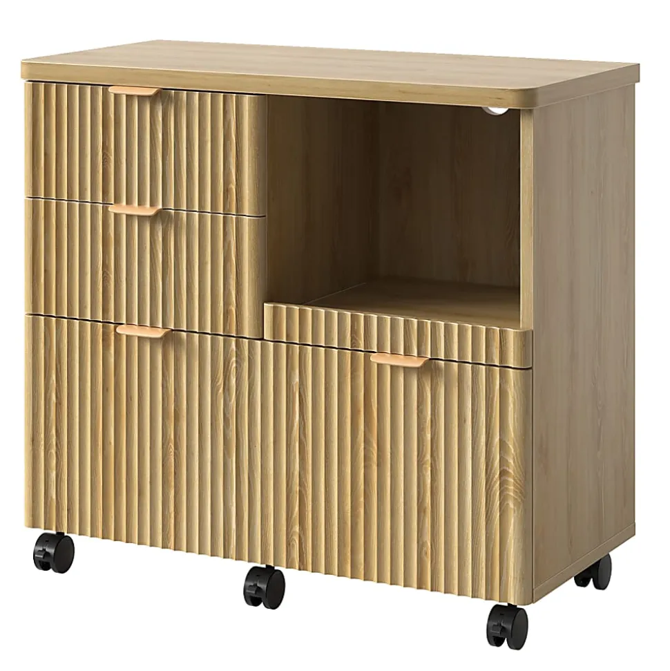 Bestier 32" 3-Drawers Fluted Wood Mobile Lateral File Cabinet with Printer Tray, Natural Oak