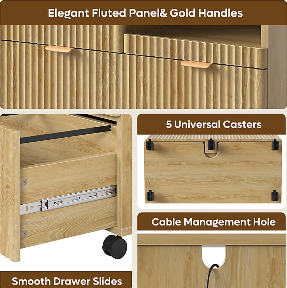Bestier 32" 3-Drawers Fluted Wood Mobile Lateral File Cabinet with Printer Tray, Natural Oak