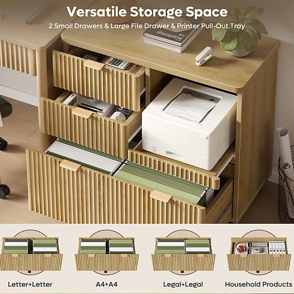 Bestier 32" 3-Drawers Fluted Wood Mobile Lateral File Cabinet with Printer Tray, Natural Oak