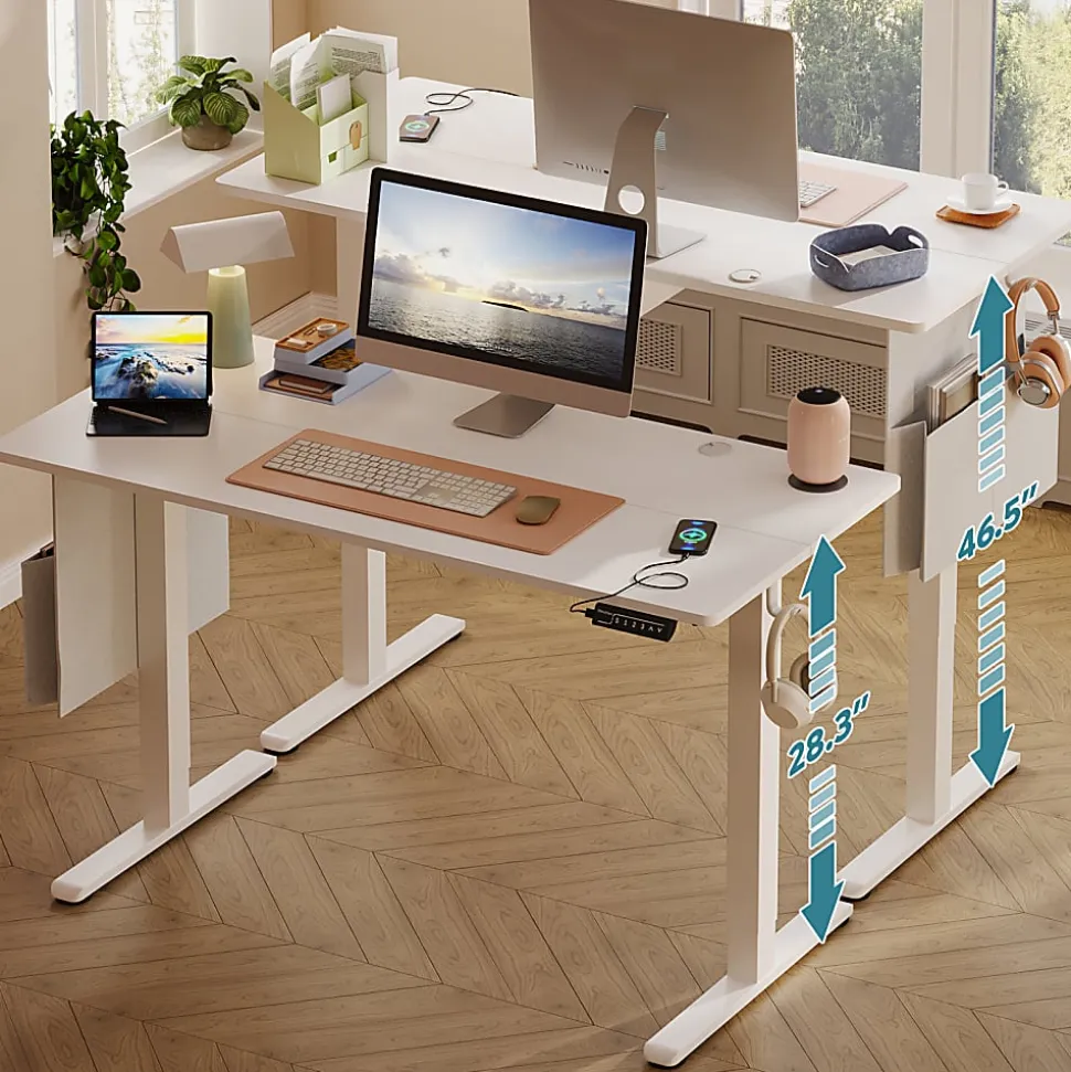 Bestier Electric Adjustable-Height Standing Desk With 3 Height-Memory Presets & USB Port, 56"W, White Oak