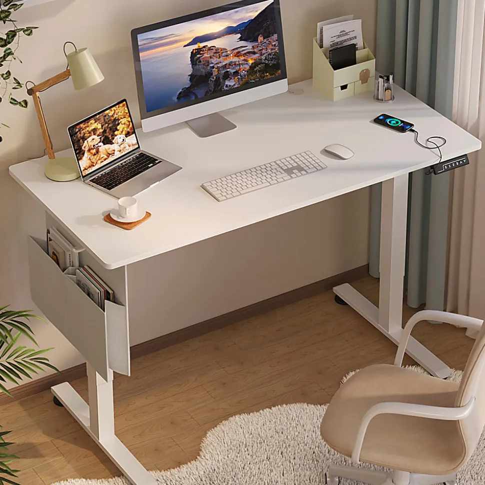Bestier Electric Adjustable-Height Standing Desk With 3 Height-Memory Presets & USB Port, 56"W, White Oak