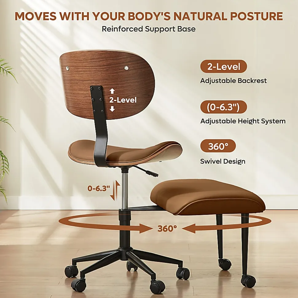 Bestier Ergonomic Faux Leather Mid-Back Cross Legged Office Task Chair With Wheels, Brown