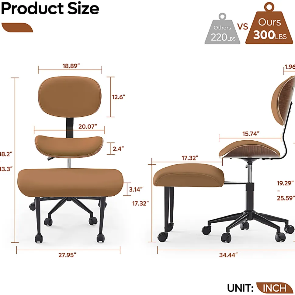 Bestier Ergonomic Faux Leather Mid-Back Cross Legged Office Task Chair With Wheels, Brown