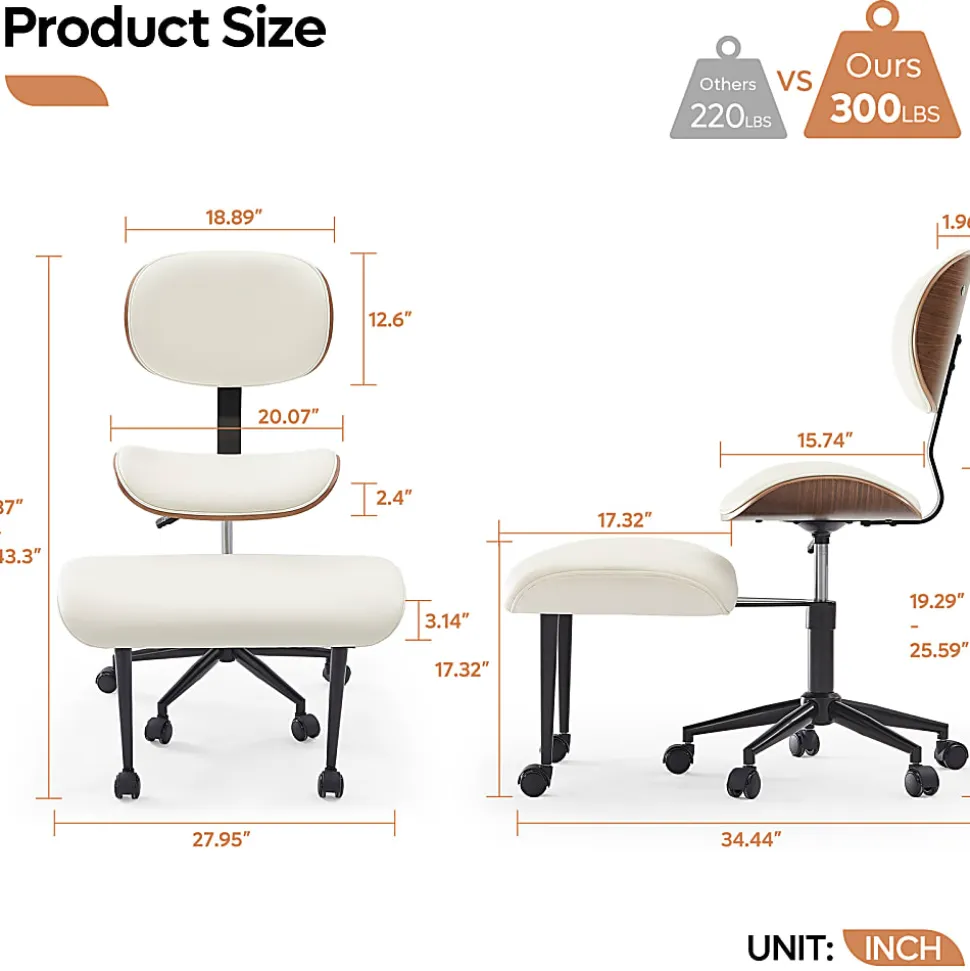 Bestier Ergonomic Faux Leather Mid-Back Cross Legged Office Task Chair With Wheels, White