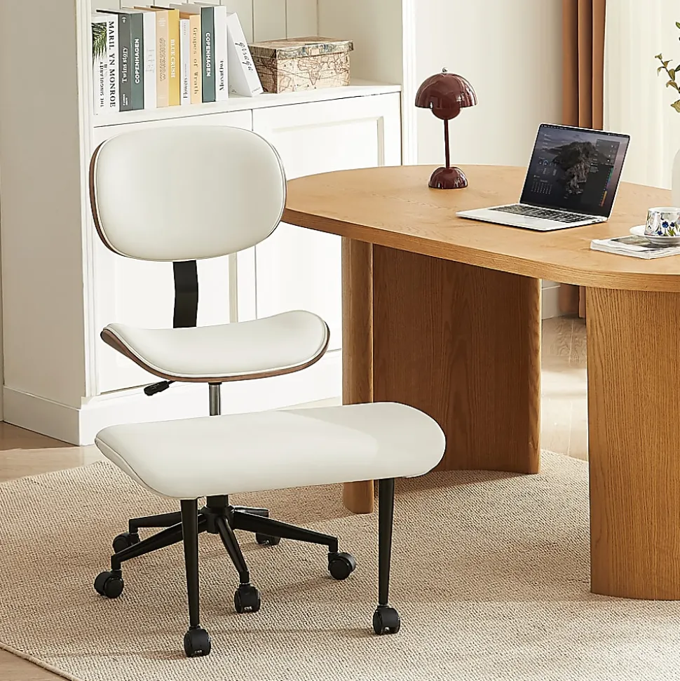 Bestier Ergonomic Faux Leather Mid-Back Cross Legged Office Task Chair With Wheels, White
